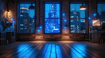 A dark room with blue lights, modern creative studio in brick lofts. Generative AI.
