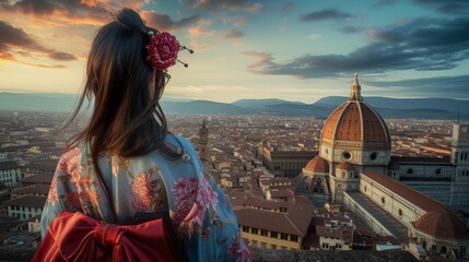 Back view of an Asian woman in Florence and Duomo. Italy - obrazy, fototapety, plakaty