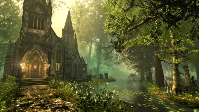 a church in the middle of the forest with a calming view. Seamless looping time-lapse virtual 4k video animation background