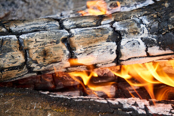 A closeup shot of burning firewood. 