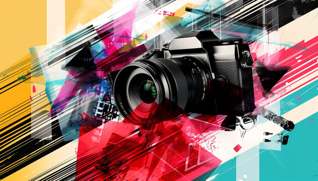Paparazzi. Contemporary art collage. Colorful image of retro photo cameras.