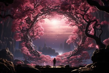 Surrounded by pink trees in a magical forest, under a magenta sky