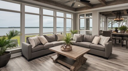 Coastal design family room with wood beams and swivel chairs around coffee table
