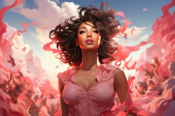 Fictional character in a magenta dress gestures happily in sky event - obrazy, fototapety, plakaty