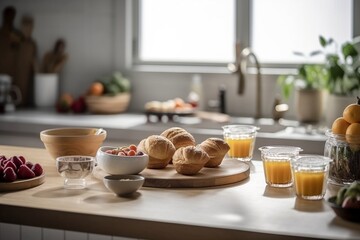 Fototapeta na wymiar Wooden kitchen counter with fresh breakfast spread and garden view 