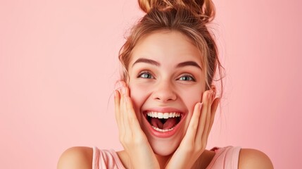The girl's wide, cheerful smile highlights her stunning, well-maintained teeth, exuding positivity and vibrancy.