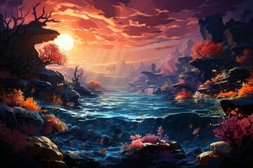 a painting of a coral reef with a sunset in the background