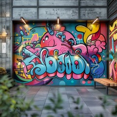 Featuring eclectic seating and a lively atmosphere, the interior of a modern urban cafe is enhanced by vibrant, colorful graffiti wall art.