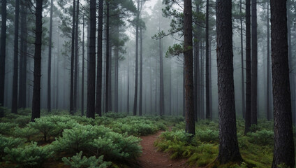 Fototapeta premium Misty pine forest, incredible beauty of nature. generative AI