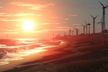 Majestic wind turbines silhouetted against dramatic sunrise/sunset, generating clean energy