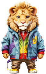 lion wearing a colorful jacket. 3D style