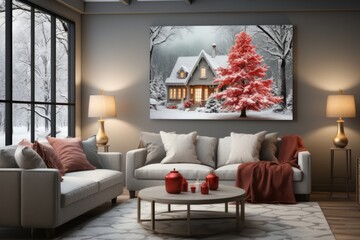 Living room with furniture, house painting, and Christmas tree