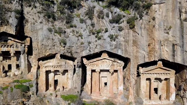 Drone Video of Kaunos (Caunos) King Tombs Ruins in Dalyan, Turkey
