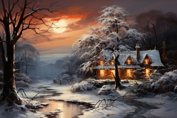 a painting of a house in the middle of a snowy forest next to a river - obrazy, fototapety, plakaty