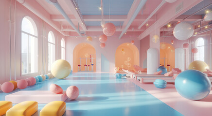A 3D child-friendly fitness gym with pastel colors. Generative AI.