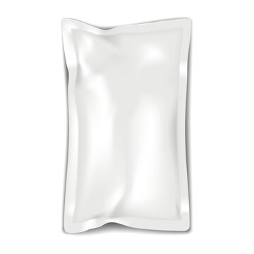 Blank white 4 side seal crumpled sachet packet. Realistic vector mock-up. Plastic, paper or foil pouch bag template. Food, medical or beauty product individual package mockup