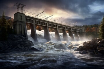 Harnessing waters power. hydroelectric dams, tidal turbines, and wave converters - obrazy, fototapety, plakaty
