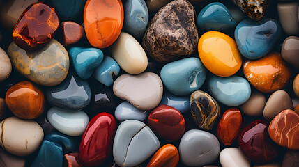 Pebble stones background, stones of different colors and sizes - obrazy, fototapety, plakaty