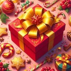 A red gift box surrounded by christmas decorations