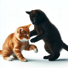 Two cats playing with each other on a white surface