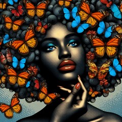 A woman with butterflies in her hair, butterfly pop art, black art