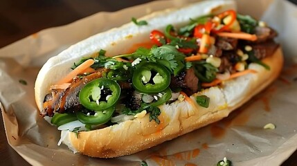 Vietnamese banh mi sandwich filled with lemongrass-marinated grilled pork, pickled vegetables, cilantro, and jalape?+/-os - obrazy, fototapety, plakaty