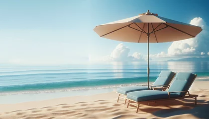 Foto op Plexiglas Wallpaper two blue lounge chairs under beige umbrella  on a sandy beach landscape, hot design tree color © Raven