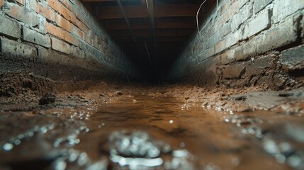A dark dirty wet crawl space, brick or concrete. Generative AI. - obrazy, fototapety, plakaty