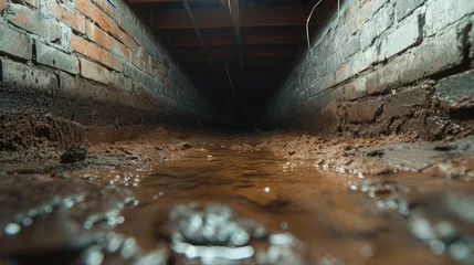 Fotobehang A dark dirty wet crawl space, brick or concrete. Generative AI. © visoot