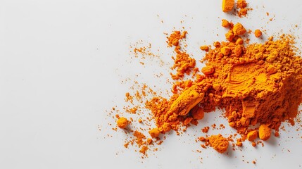 A pile of turmeric powder radiating a warm, against a white background, top view