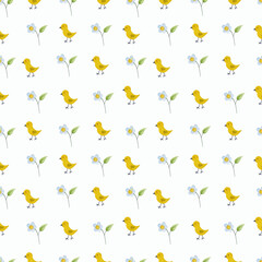 Watercolor summer pattern with chickens and flowers