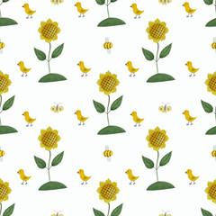 Summer watercolor pattern with sunflowers and chickens