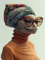 portrait of Iguana, wearing sunglasses and clothes cosplay human