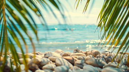 Sunny tropical beach with Pebbles coconut trees palm