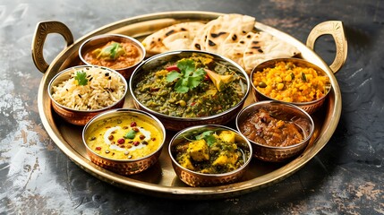 A traditional Indian thali served on a brass plate, featuring a variety of curries, dals, chutneys, and roti
