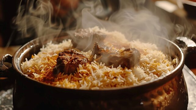 A steaming pot of biryani with fluffy rice, aromatic spices, and succulent pieces of meat