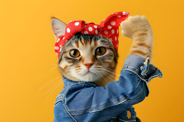 Strong woman cat raises arm and shows bicep on yellow background. Support animal rights, activism. Female power, feminism. Retro style. We can do it! International Women's Day creative concept