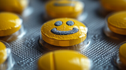 Smiley face on a yellow pill in a blister pack, the concept of a magic pill - obrazy, fototapety, plakaty