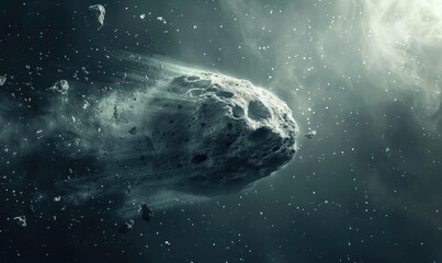 An asteroid surrounded by swirling debris in the outer space