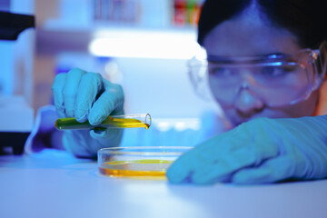 Asian female scientist passionately conducts experiments in a laboratory, surrounded by petri...