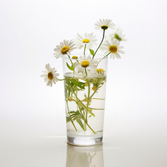 a bouquet of romantic wild daisies in a transparent glass with water on a white background on a glossy table