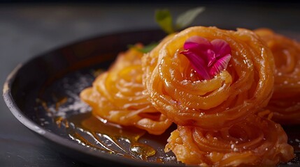Indian jalebi dessert made with deep-fried batter soaked in sugar syrup, served warm - obrazy, fototapety, plakaty