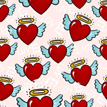 Cartoon red heart with black border with colorful angel wings cute colorful hand drawn seamless