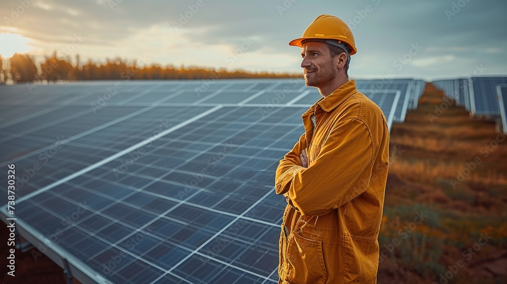 Poster a man standing between the rows of solar panels on a solar farm. generative ai.