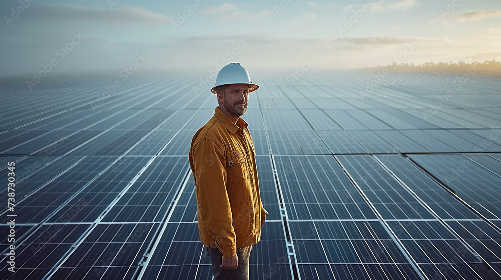 Poster a man standing between the rows of solar panels on a solar farm. generative ai.