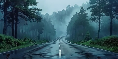 Road winding through misty forest creating mysterious and tranquil landscape journey through nature with trees shrouded in fog evoking sense of adventure perfect for travel and outdoor photography