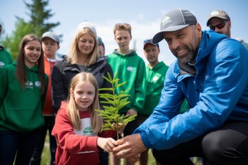 Diverse group planting trees in urban park, embracing community greening efforts