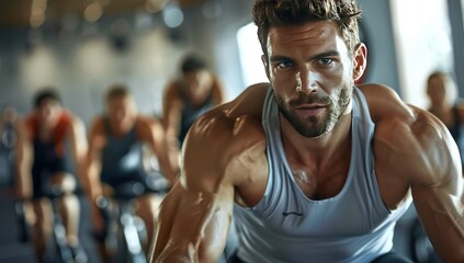 Fototapeta premium Young man engaging in cycling workout at fitness gym with friends embodying healthy lifestyle and active sport showcasing strength vitality and determination in physical exercise importance of health