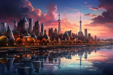 City skyline mirrored in the water as the sun sets over skyscrapers - obrazy, fototapety, plakaty