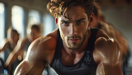 Young man engaging in cycling workout at fitness gym with friends embodying healthy lifestyle and active sport showcasing strength vitality and determination in physical exercise importance of health